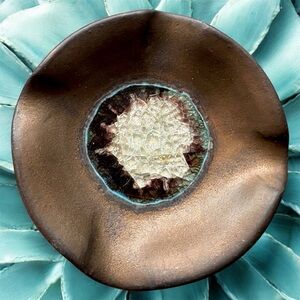 Crushed Glass 4 Pinch Ceramic Signed Studio Pottery Trinket Dish Bronze and Teal